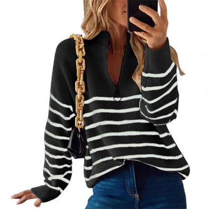Women's high neck striped color-block half-zip pullover knit top