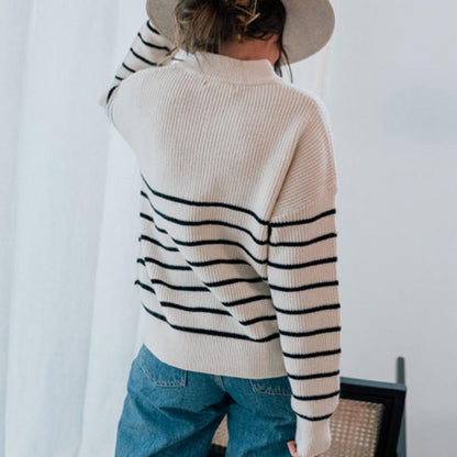 Women's high neck striped color-block half-zip pullover knit top