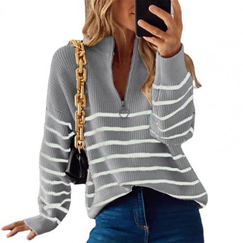 Women's high neck striped color-block half-zip pullover knit top
