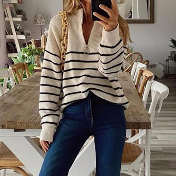 Women's high neck striped color-block half-zip pullover knit top