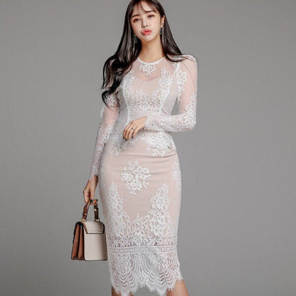 Women's Lace Midi Dress - Floral Pattern - Sheer Long Sleeves - Elegant Evening Wear