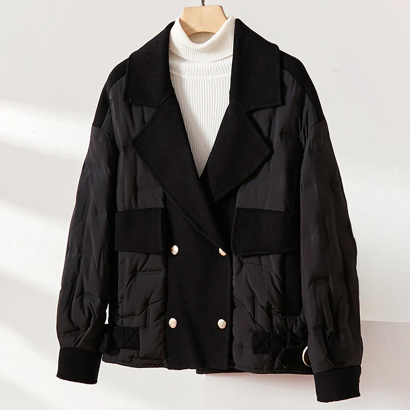 Isabella Quilted Double-Breasted Puffer Jacket | Lapel Collar Hip-Length Puffer Jacket