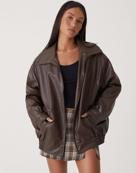 Oversized Fit Zipper Leather Jacket 
