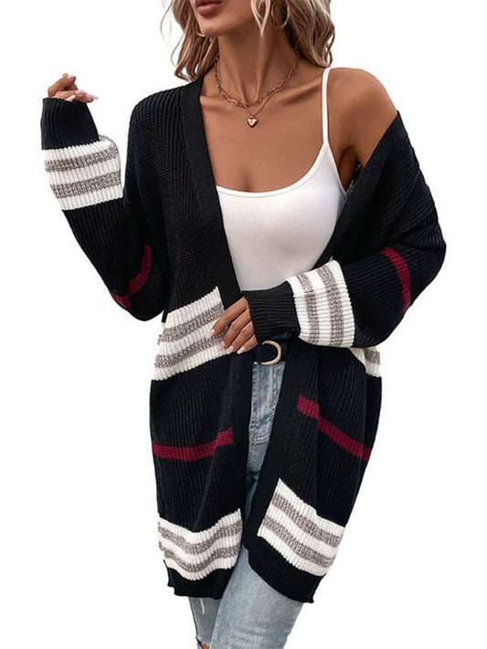 Striped Collarless Open-Front Long Cardigan