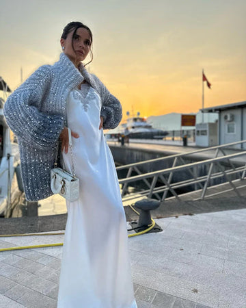 Women's loose v-neck coat with beads