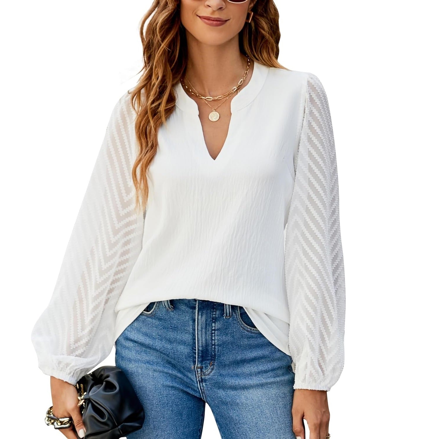 Relaxed Fit V-Neck Long Sleeve Blouse