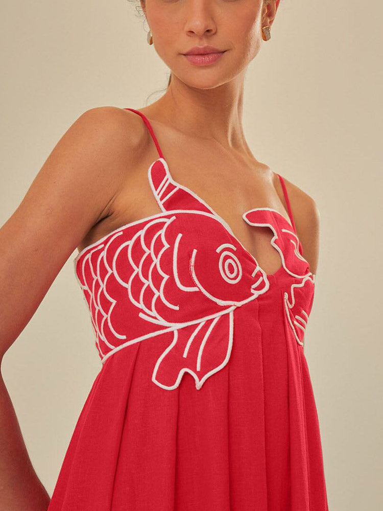 Embroidered Spaghetti Strap Flowy Maxi Dress