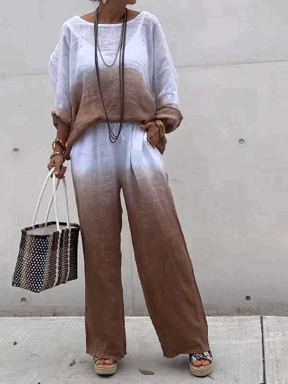 Women's Outfit - Relaxed Fit Top & Wide-Leg Pants - Breathable & Lightweight