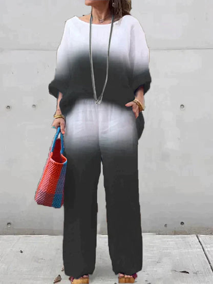 Women's Outfit - Relaxed Fit Top & Wide-Leg Pants - Breathable & Lightweight