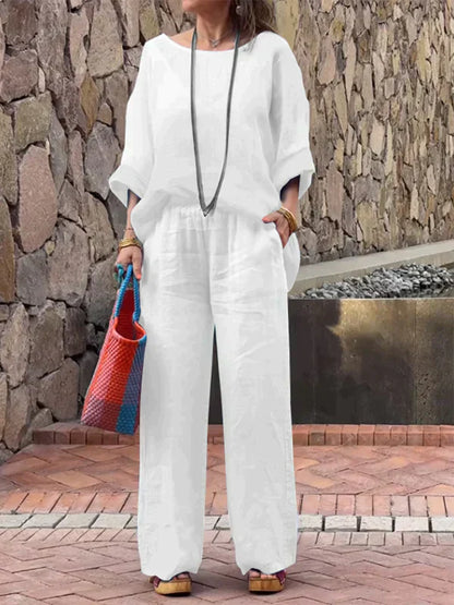 Women's Outfit - Relaxed Fit Top & Wide-Leg Pants - Breathable & Lightweight