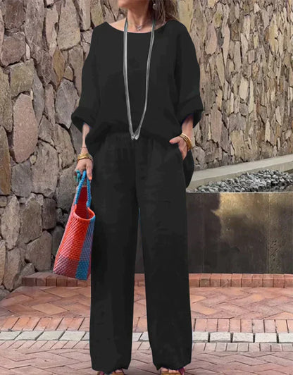 Women's Outfit - Relaxed Fit Top & Wide-Leg Pants - Breathable & Lightweight