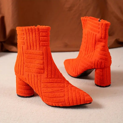 Women's pointed high heel thick heel boots with side zipper