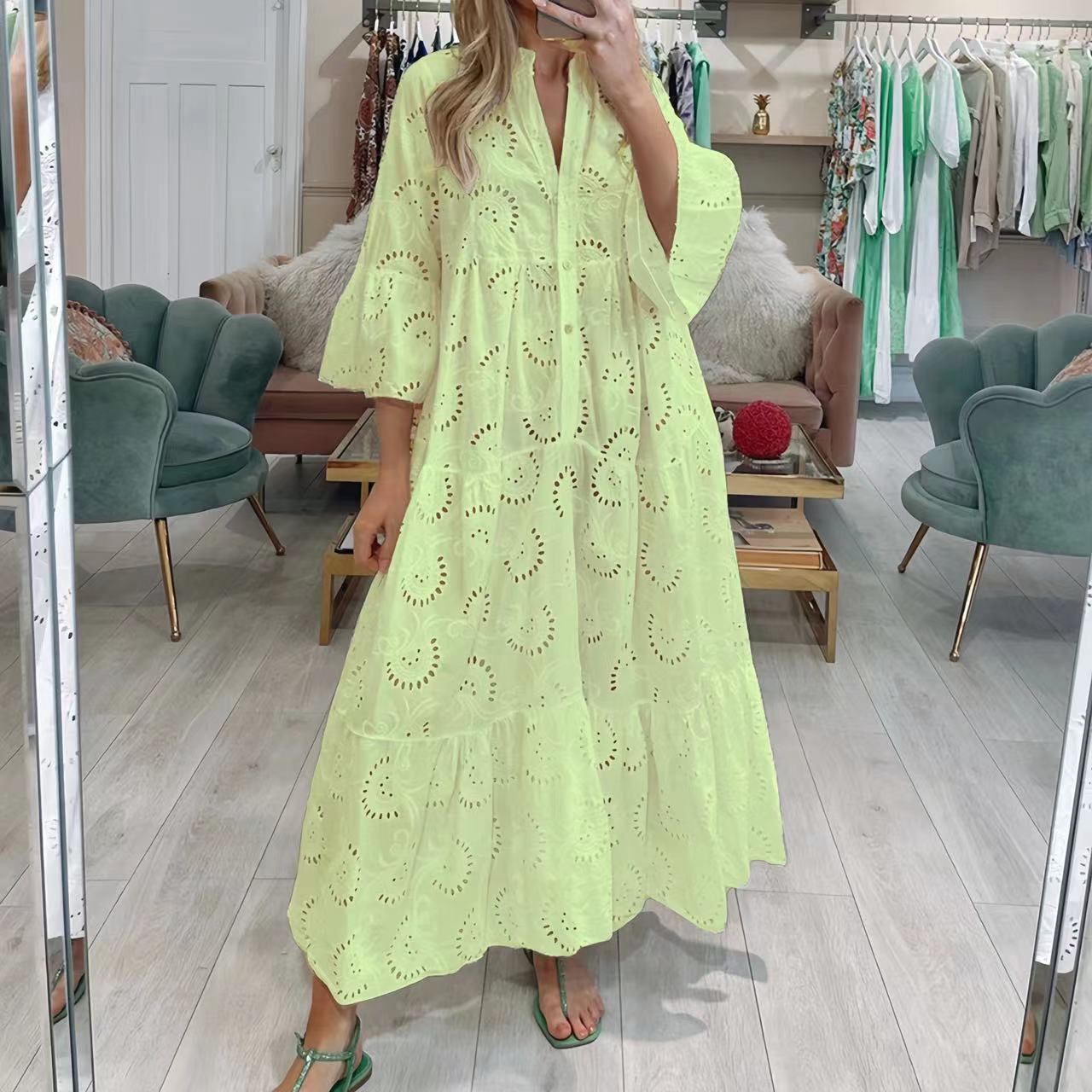Women's Maxi Dress - Eyelet Lace - V-Neck - 3/4 Sleeve - Flowing Tiered Hem