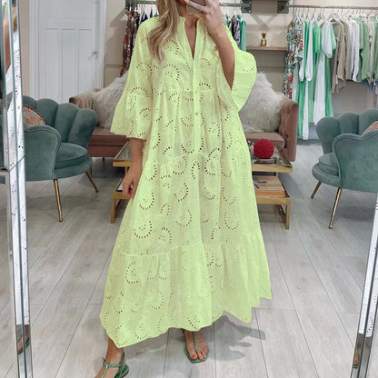 Women's Maxi Dress - Eyelet Lace - V-Neck - 3/4 Sleeve - Flowing Tiered Hem