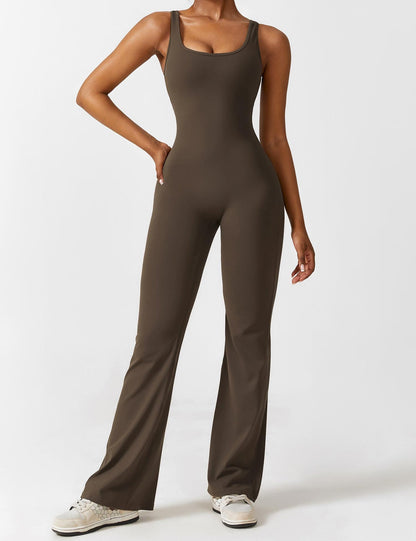 Women's Jumpsuit - Sleeveless Scoop Neck - Fitted Bodice - Flared Leg Stretch Fit