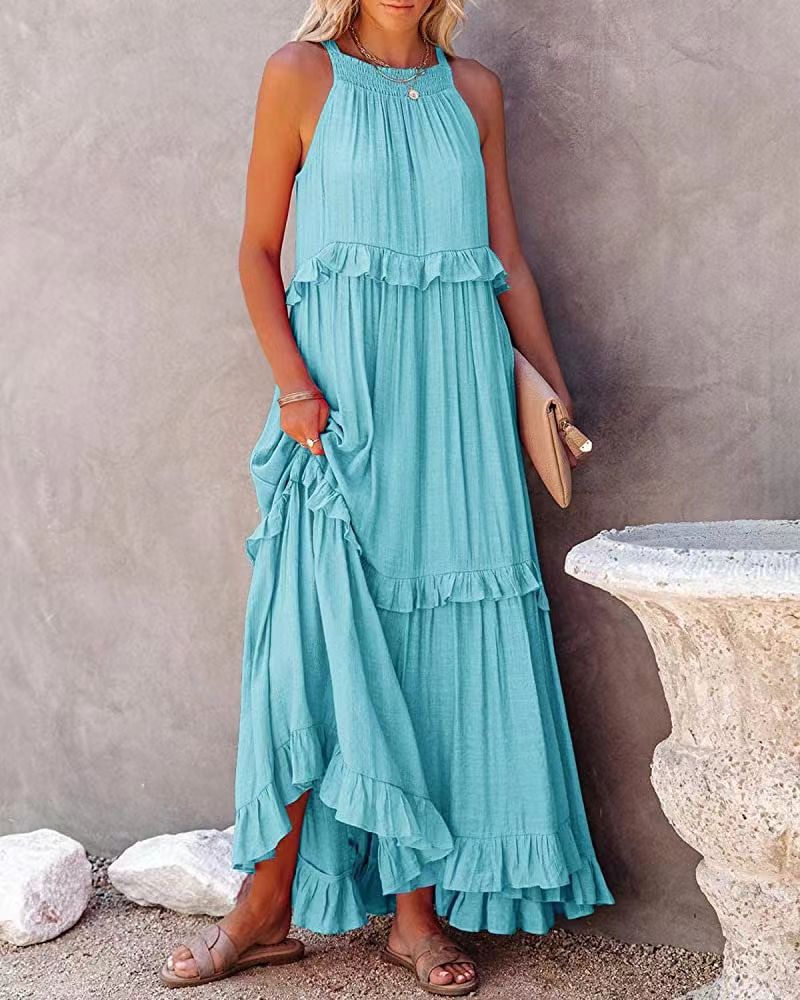 Women's Maxi Dress - Sleeveless Halter Neck - Flowy Relaxed Fit - Ruffled Detailing