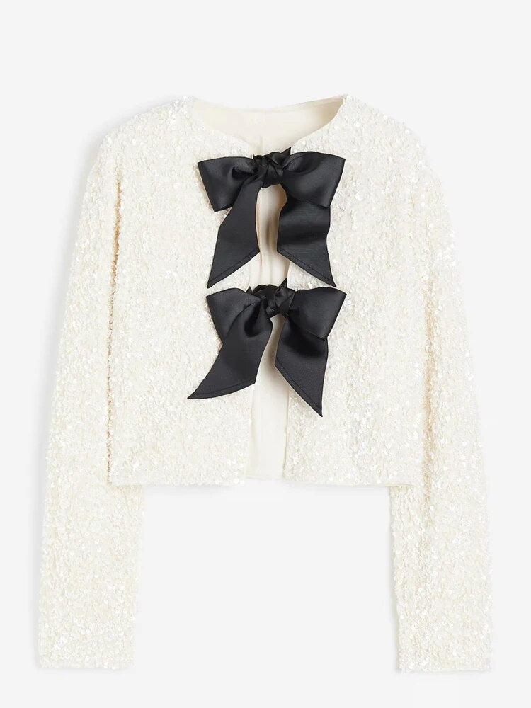 Shiny Sequin Bow Tie Sleeve Jacket