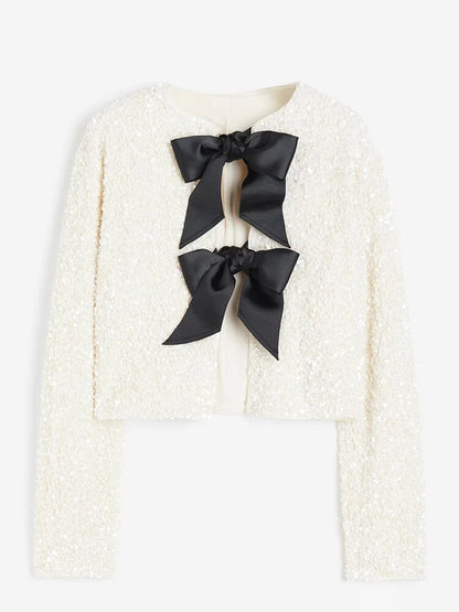 Women's shiny sequin bow tie short long sleeve jacket
