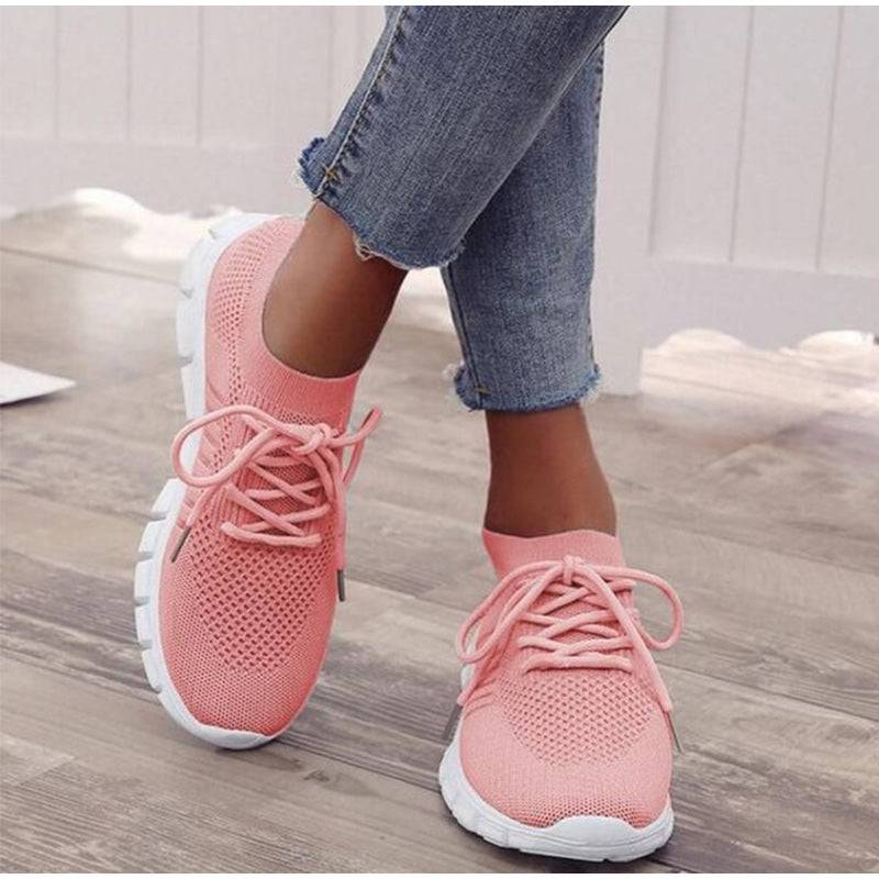Women's Casual Sneakers - Breathable Knit Upper - Slip-On with Laces - Cushioned Sole