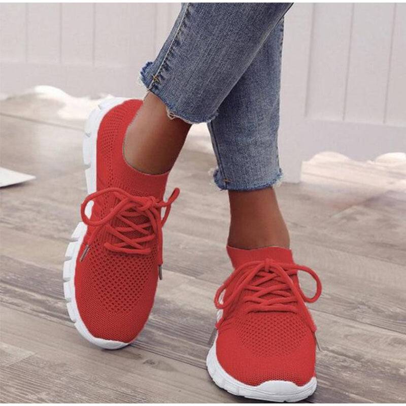 Women's Casual Sneakers - Breathable Knit Upper - Slip-On with Laces - Cushioned Sole