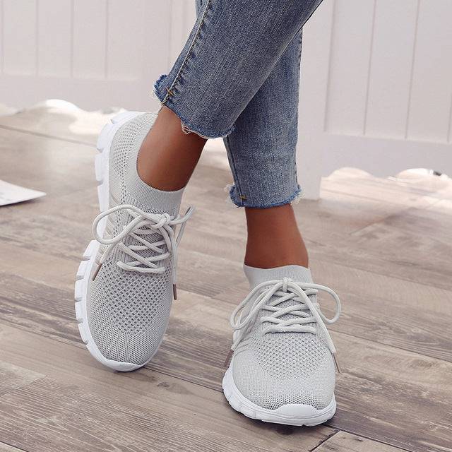Women's Casual Sneakers - Breathable Knit Upper - Slip-On with Laces - Cushioned Sole