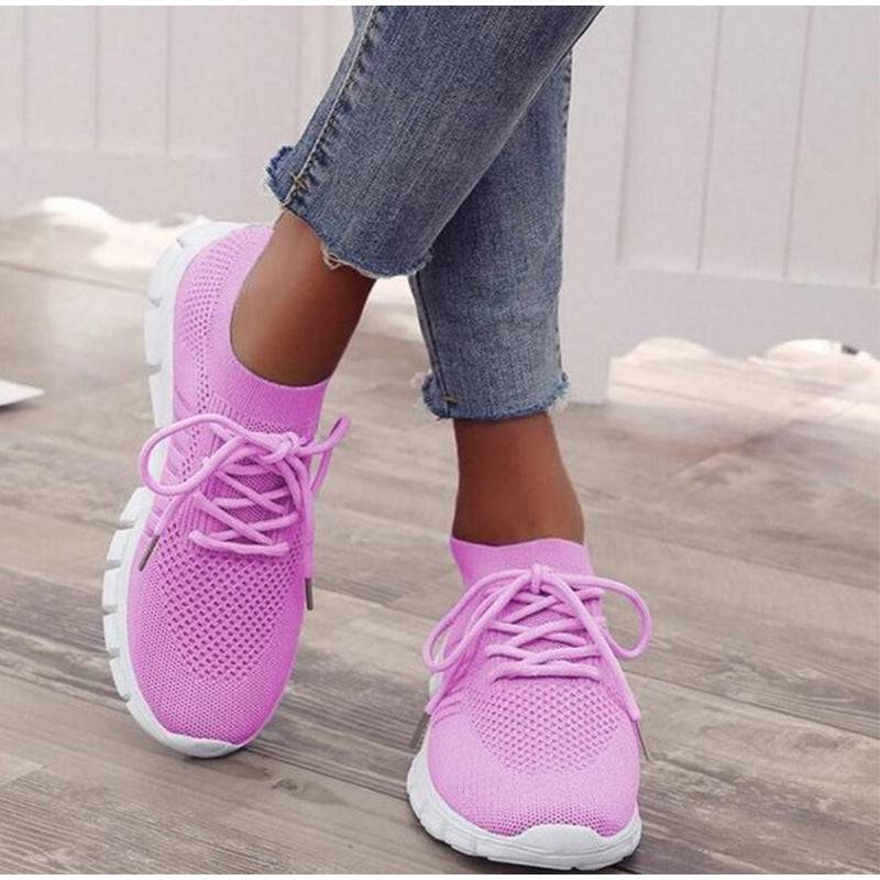 Women's Casual Sneakers - Breathable Knit Upper - Slip-On with Laces - Cushioned Sole