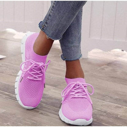 Women's Casual Sneakers - Breathable Knit Upper - Slip-On with Laces - Cushioned Sole
