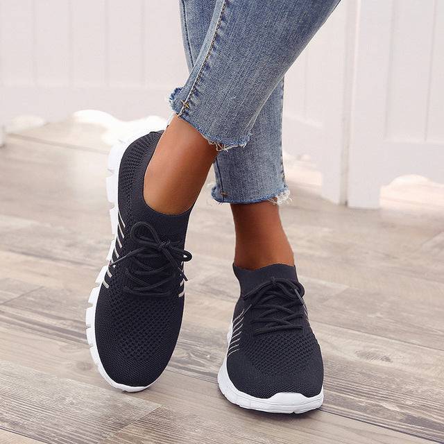 Women's Casual Sneakers - Breathable Knit Upper - Slip-On with Laces - Cushioned Sole